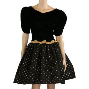 Expo Night Vintage 80s Black Velvet Gold Polka Dot Party Prom Dress sz 4